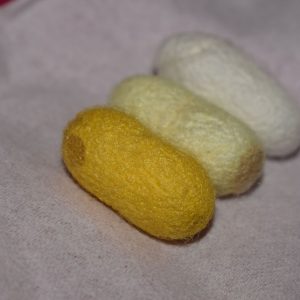Each colour of Silk cocoon sitting on paper